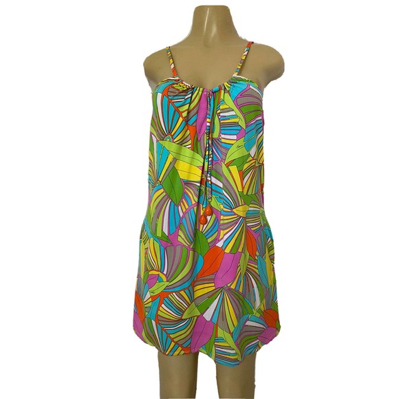 Trina Turk Tunic Dress Deco Palm Floral Green Spaghetti Strap Pocket Cov… - Picture 1 of 6